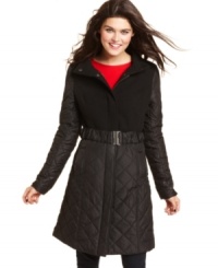 BCX brings chic style to the puffer coat with a belted waist and mixed fabric design. BCX brings chic style to the puffer coat with a belted waist and mixed fabric design.