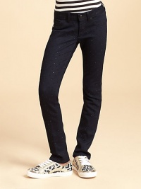 She'll light up every room in these adorable jeans featuring sparkly polka-dot details.Button frontWaistband with belt loopsZip flyFive-pocket style73% cotton/14% rayon/11% polyester/2% lycraMachine washMade in USA She'll light up every room in these adorable jeans featuring sparkly polka-dot details.Button frontWaistband with belt loopsZip flyFive-pocket style73% cotton/14% rayon/11% polyester/2% lycraMachine washMade in USA