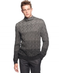 Wide fade to dark horizontal stripe fitted sweater by Calvin Klein is attractively sophisticated. Wide fade to dark horizontal stripe fitted sweater by Calvin Klein is attractively sophisticated.