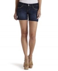 Studded pockets and a frayed hem elevate these dark wash shorts to ultra-cool heights! A hot weather must-have! Studded pockets and a frayed hem elevate these dark wash shorts to ultra-cool heights! A hot weather must-have!