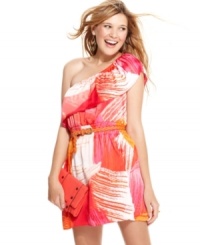 Wow the masses with your fun, tropical style in a belted, one-shoulder dress from Sequin Hearts that boasts major ruffle appeal! Wow the masses with your fun, tropical style in a belted, one-shoulder dress from Sequin Hearts that boasts major ruffle appeal!