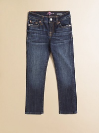 Whiskering and a hint of fading lend iconic appeal to this dark-denim style made from Italian, stretch-cotton fabrication.Button closureZip flyAdjustable waistbandBelt loopsMetal rivet details Five-pocket styleDistressed details along pocketsTopstitching on back pockets98% cotton/2% spandexMachine washImported of Italian fabric Whiskering and a hint of fading lend iconic appeal to this dark-denim style made from Italian, stretch-cotton fabrication.Button closureZip flyAdjustable waistbandBelt loopsMetal rivet details Five-pocket styleDistressed details along pocketsTopstitching on back pockets98% cotton/2% spandexMachine washImported of Italian fabric
