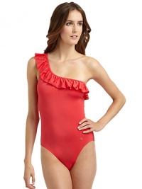 THE LOOKRuffled one-shoulder styleHi-cut leg openingsLogo-embossed button at one sideTHE MATERIAL89% polyamide/11% elastaneCARE & ORIGINHand washImported THE LOOKRuffled one-shoulder styleHi-cut leg openingsLogo-embossed button at one sideTHE MATERIAL89% polyamide/11% elastaneCARE & ORIGINHand washImported