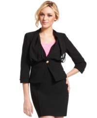 Sheer chiffon falls dreamily across the bodice of this three-quarter sleeve blazer from XOXO -- a chic update to a classic layer! (Clearance) Sheer chiffon falls dreamily across the bodice of this three-quarter sleeve blazer from XOXO -- a chic update to a classic layer! (Clearance)