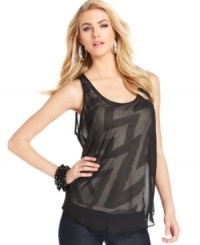Bolts of zigzags make this GUESS? top electrifying while a sheer draped overlay gives a femme feel. Pair with dark jeans for unstoppable style. Bolts of zigzags make this GUESS? top electrifying while a sheer draped overlay gives a femme feel. Pair with dark jeans for unstoppable style.