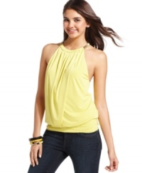 Gold-toned halter straps add metallic magic to this blouson-style top from XOXO! Contrast the coolness of the top's relaxed silhouette with a pair of skinny jeans. Gold-toned halter straps add metallic magic to this blouson-style top from XOXO! Contrast the coolness of the top's relaxed silhouette with a pair of skinny jeans.