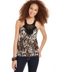 Savage beauty: Belle Du Jour designs this animal-print blouson top with a crochet-knit neckline of intricate design! Savage beauty: Belle Du Jour designs this animal-print blouson top with a crochet-knit neckline of intricate design!