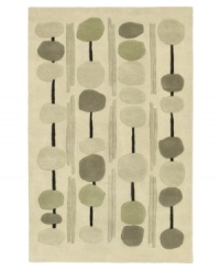 Reminiscent of a field of white dandelion clocks, this cool-toned rug displays breezy colors of beige, grey and muted green. New Zealand wool is hand-tufted of high-low pile to create a distinctively textured softness and multidimensional surface. Reminiscent of a field of white dandelion clocks, this cool-toned rug displays breezy colors of beige, grey and muted green. New Zealand wool is hand-tufted of high-low pile to create a distinctively textured softness and multidimensional surface.
