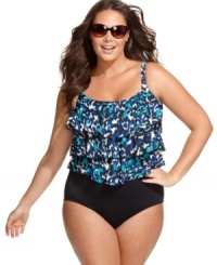 A wild animal print adds a sultry look to the tiered ruffles on Swim Solutions' plus size suit! Tummy control ensures a sleek silhouette, too. A wild animal print adds a sultry look to the tiered ruffles on Swim Solutions' plus size suit! Tummy control ensures a sleek silhouette, too.