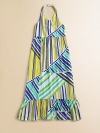 She'll want to kick off her shoes and twirl around in this vibrantly striped, halter-style frock in a drop-waist silhouette with ruffled hem.Rear elasticized halter necklineSleevelessPullover styleBack smockingDrop waistRuffled hem65% polyester/35% rayonMachine washImported She'll want to kick off her shoes and twirl around in this vibrantly striped, halter-style frock in a drop-waist silhouette with ruffled hem.Rear elasticized halter necklineSleevelessPullover styleBack smockingDrop waistRuffled hem65% polyester/35% rayonMachine washImported