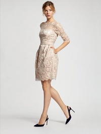 A modern way to wear fashion's most ladylike fabric, this lace confection has a shoulder-baring neckline and scalloped trim. Scalloped boatneckThree-quarter sleevesPleated waistbandScalloped cuffs and hemScalloped v-backExposed back zipperFully linedAbout 20 from natural waistNylon/rayonDry cleanMade in USAModel shown is 5'10 (177cm) wearing US size 4. A modern way to wear fashion's most ladylike fabric, this lace confection has a shoulder-baring neckline and scalloped trim. Scalloped boatneckThree-quarter sleevesPleated waistbandScalloped cuffs and hemScalloped v-backExposed back zipperFully linedAbout 20 from natural waistNylon/rayonDry cleanMade in USAModel shown is 5'10 (177cm) wearing US size 4.