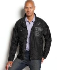 A nylon base mixed with faux leather details give this Marc Ecko Cut & Sew jacket its sleek persona. A nylon base mixed with faux leather details give this Marc Ecko Cut & Sew jacket its sleek persona.