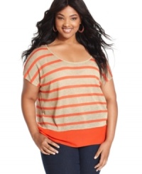 Score dazzling style with Soprano's short sleeve plus size top, featuring metallic stripes-- it's so on-trend! (Clearance) Score dazzling style with Soprano's short sleeve plus size top, featuring metallic stripes-- it's so on-trend! (Clearance)