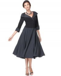 Both classic and contemporary, this Jessica Howard silhouette is a vision with its contrasting hues and crisp design details, like folded, buttoned cuffs and a gorgeous portrait collar. Both classic and contemporary, this Jessica Howard silhouette is a vision with its contrasting hues and crisp design details, like folded, buttoned cuffs and a gorgeous portrait collar.