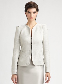 A tonal lurex melange, tailored in a sophisticated style and finished with subtle hook-and-eye closures.CollarlessOrigami folded shouldersHook-and-eye closuresSide welt pocketsFully linedAbout 22 from shoulder to hemCotton/viscose/acetate/polyamide/flax/polyesterDry cleanMade in Italy of imported fabricModel shown is 5'11 (180cm) wearing US size 2. A tonal lurex melange, tailored in a sophisticated style and finished with subtle hook-and-eye closures.CollarlessOrigami folded shouldersHook-and-eye closuresSide welt pocketsFully linedAbout 22 from shoulder to hemCotton/viscose/acetate/polyamide/flax/polyesterDry cleanMade in Italy of imported fabricModel shown is 5'11 (180cm) wearing US size 2.