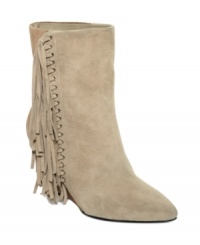 These boots were made for strutting! Bebe's Perri fringe booties bring the 80s back full force with a trendy pointed toe and cheeky fringe detail. These boots were made for strutting! Bebe's Perri fringe booties bring the 80s back full force with a trendy pointed toe and cheeky fringe detail.