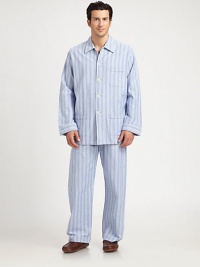 Two-piece set woven in handsomely brushed cotton flannel, is soft to the touch with a smart, striped finish. Cotton. Machine wash. Imported.SHIRTButton frontChest, hip patch pocketsPANTSide elastic waistInseam, about 31 Two-piece set woven in handsomely brushed cotton flannel, is soft to the touch with a smart, striped finish. Cotton. Machine wash. Imported.SHIRTButton frontChest, hip patch pocketsPANTSide elastic waistInseam, about 31