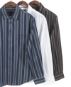 A great use of white space. Tonal stripes update this classic button down from Tasso Elba.