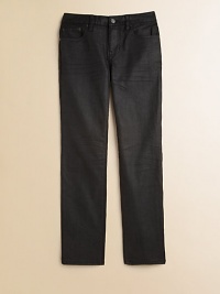 Perfect for back-to-school cool, these jeans feature a skinny silhouette and a slightly waxed finish.Front button closureWaistband with belt loops and adjustable button tabsZip flyFive-pocket style99% cotton/1% spandexMachine washImported Perfect for back-to-school cool, these jeans feature a skinny silhouette and a slightly waxed finish.Front button closureWaistband with belt loops and adjustable button tabsZip flyFive-pocket style99% cotton/1% spandexMachine washImported