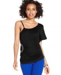 Sporting a ring of studs and faux one-shoulder style, this top from BCX is a total party! Pair the piece with bright denim for a night-owl look that pops. Sporting a ring of studs and faux one-shoulder style, this top from BCX is a total party! Pair the piece with bright denim for a night-owl look that pops.