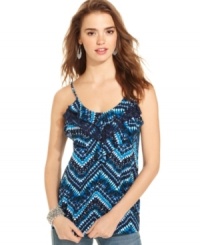 Add color magic to your trove of casual tops with this ruffled tank from Belle Du Jour! Add color magic to your trove of casual tops with this ruffled tank from Belle Du Jour!