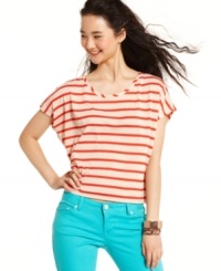 A swirling, ornate inset at the back adds artisanal flavor -- and an awesome surprise -- to this striped, short sleeve top from Pink Rose! A swirling, ornate inset at the back adds artisanal flavor -- and an awesome surprise -- to this striped, short sleeve top from Pink Rose!