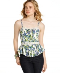 A lush landscape print adds femme appeal to a top washed in crochet knit trims and crisp pleats! From Jessica Simpson. A lush landscape print adds femme appeal to a top washed in crochet knit trims and crisp pleats! From Jessica Simpson.