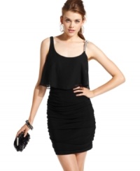 Total sophistication: a billowy overlay at the bodice creates a smart contrast to the sleek design of this party dress from Morgan & Company. Total sophistication: a billowy overlay at the bodice creates a smart contrast to the sleek design of this party dress from Morgan & Company.