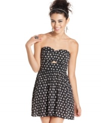 Say yes to this polkadot-print frock from Material Girl! Sporting a sweetheart neckline and flirty back design, this dress is a cute pick for date-night with your favorite boy. Say yes to this polkadot-print frock from Material Girl! Sporting a sweetheart neckline and flirty back design, this dress is a cute pick for date-night with your favorite boy.