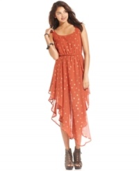 Gold stars light-up this dress in a gorgeous constellation. Designed with a handkerchief hem and layers of chiffon, this floaty number from Pretty Rebellious has the unique style of a rare, vintage find! Gold stars light-up this dress in a gorgeous constellation. Designed with a handkerchief hem and layers of chiffon, this floaty number from Pretty Rebellious has the unique style of a rare, vintage find!