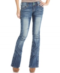 Intense whiskering equips Indigo Rein's light-wash bootcut jeans with bold character. Dress 'em up with platforms or down with sneaks for a look that totally stands out. Intense whiskering equips Indigo Rein's light-wash bootcut jeans with bold character. Dress 'em up with platforms or down with sneaks for a look that totally stands out.