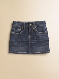 Subtly faded denim and complemented by contrast stitching, she will adore this stretch denim skirt.Adjustable waistButton closureZip flyFront whiskeringFive-pocket styleDistressed details along pocketsBelt loopsMetal rivet details Signature back pocketsHits above the knee98% cotton/2% spandexMachine washImported of Italian fabric Subtly faded denim and complemented by contrast stitching, she will adore this stretch denim skirt.Adjustable waistButton closureZip flyFront whiskeringFive-pocket styleDistressed details along pocketsBelt loopsMetal rivet details Signature back pocketsHits above the knee98% cotton/2% spandexMachine washImported of Italian fabric