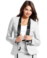 Boy-chic: contrast-color satin trims add tuxedo style to this tailored blazer from XOXO! Boy-chic: contrast-color satin trims add tuxedo style to this tailored blazer from XOXO!