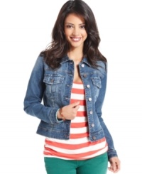 Kut from the Kloth's classic denim jacket features a vintage-inspired wash with fading in all the right places. Pair it with summery separates now and a cozy sweater dress later! Kut from the Kloth's classic denim jacket features a vintage-inspired wash with fading in all the right places. Pair it with summery separates now and a cozy sweater dress later!