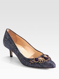 Ornate beaded embellishments define this glittery point toe pump in textured raffia with smooth leather trim. Stacked heel, 2 (50mm)Glitter-coated raffia upper with beaded embellishment and leather trimPoint toeLeather lining and solePadded insoleMade in Italy