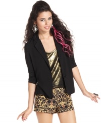 Assume your role as a fashion tastemaker in this chic, Material Girl blazer! A suprising network of back cutouts enhances its totally striking style. Assume your role as a fashion tastemaker in this chic, Material Girl blazer! A suprising network of back cutouts enhances its totally striking style.