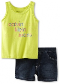 Calvin Klein Girls 2-6X Tee With Denim Short, Green, 3T Calvin Klein Girls 2-6X Tee With Denim Short, Green, 3T