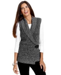 Charter Club's versatile sweater vest features a fashionable faux-wrap silhouette and a buckled detail at the waist Charter Club's versatile sweater vest features a fashionable faux-wrap silhouette and a buckled detail at the waist