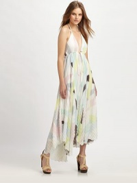Airy chiffon, lightly printed in muted geometric shapes and draped in a skin-baring halter silhouette.Halter strap ties at neckDeep V-neckDrawstring waistPleated skirtTextured hemOpen backAbout 37 from natural waistPolyesterDry cleanImportedModel shown is 5'10 (180cm) wearing US size Small. Airy chiffon, lightly printed in muted geometric shapes and draped in a skin-baring halter silhouette.Halter strap ties at neckDeep V-neckDrawstring waistPleated skirtTextured hemOpen backAbout 37 from natural waistPolyesterDry cleanImportedModel shown is 5'10 (180cm) wearing US size Small.
