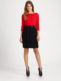 For a contemporary look, try this classic two-tone sheath dress featuring a glittery belt and unexpected back cutouts. Wide boatneckThree-quarter length sleevesSeam details on bodiceAttached belt with snap closuresPleated skirtBack cutoutsBack zipAbout 21 from natural waistPolyester/viscose/elastaneDry cleanImported Model shown is 5'10 (178cm) wearing US size 4. For a contemporary look, try this classic two-tone sheath dress featuring a glittery belt and unexpected back cutouts. Wide boatneckThree-quarter length sleevesSeam details on bodiceAttached belt with snap closuresPleated skirtBack cutoutsBack zipAbout 21 from natural waistPolyester/viscose/elastaneDry cleanImported Model shown is 5'10 (178cm) wearing US size 4.