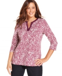 Capture the timeless elegance of safari style with Charter Club's three-quarter-sleeve plus size top, featuring an animal-print-- it's an Everyday Value! Capture the timeless elegance of safari style with Charter Club's three-quarter-sleeve plus size top, featuring an animal-print-- it's an Everyday Value!