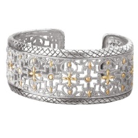925 Silver Wide Band Cross-Design Cuff Bracelet with 18k Gold Accents 925 Silver Wide Band Cross-Design Cuff Bracelet with 18k Gold Accents