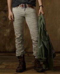 Washed and faded for rugged style, this denim jean looks like a worn-in favorite from years past but is thoroughly modern in a true slim fit. Washed and faded for rugged style, this denim jean looks like a worn-in favorite from years past but is thoroughly modern in a true slim fit.