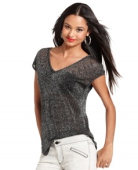 Allover metallic details adds high shine to this GUESS top -- perfect for daytime glam! Allover metallic details adds high shine to this GUESS top -- perfect for daytime glam!