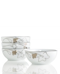 Wildflowers take off on glazed white porcelain, sparkling as they tumble aimlessly around Platinum Silhouette berry bowls. A banded edge adds a classic touch to a pattern with modern spirit. Wildflowers take off on glazed white porcelain, sparkling as they tumble aimlessly around Platinum Silhouette berry bowls. A banded edge adds a classic touch to a pattern with modern spirit.