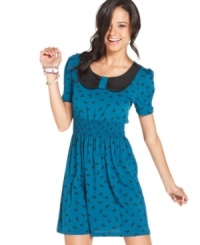 Totally fun for school, Angie's puff-sleeve dress joins a peter-pan collar with a galloping horse-print for a look that's whimsically equestrian! Totally fun for school, Angie's puff-sleeve dress joins a peter-pan collar with a galloping horse-print for a look that's whimsically equestrian!