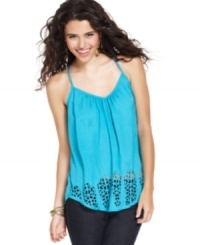 Laser cutouts add sheer dimension to this summery top from Eyeshadow! Pair it with your number one jeans for an outfit that's hot by day or night. Laser cutouts add sheer dimension to this summery top from Eyeshadow! Pair it with your number one jeans for an outfit that's hot by day or night.