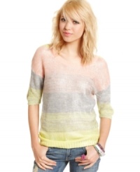 Your style is like a rainbow! Prove it in Pink Rose's metallic-front short sleeve sweater. Features pretty stripes in a multitude of soft hues. Your style is like a rainbow! Prove it in Pink Rose's metallic-front short sleeve sweater. Features pretty stripes in a multitude of soft hues.