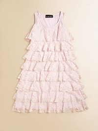 Tiers of allover lace and a scoopneck give this A-line silhouette ultra-feminine appeal.ScoopneckSleevelessPullover styleTiered lace ruffles92% polyester/8% spandexDry cleanMade in the USA of imported fabric Tiers of allover lace and a scoopneck give this A-line silhouette ultra-feminine appeal.ScoopneckSleevelessPullover styleTiered lace ruffles92% polyester/8% spandexDry cleanMade in the USA of imported fabric