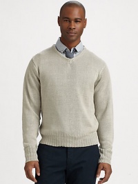 Rich linen knit, finished with ribbed cuffs and hem, is ideal for layering.V necklineLong sleevesRibbed cuffs and hemAbout 24½ from shoulder to hemLinenDry cleanImported Rich linen knit, finished with ribbed cuffs and hem, is ideal for layering.V necklineLong sleevesRibbed cuffs and hemAbout 24½ from shoulder to hemLinenDry cleanImported